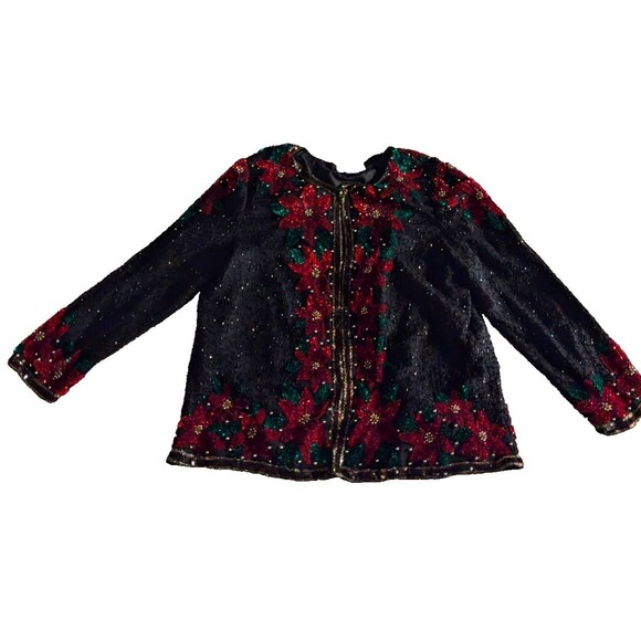 Laurence Kazar Sequin Beaded Embellished Christmas Poinsettia Sweater 2X Jacket - Picture 1 of 8